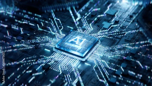 Concept: Advanced Microprocessor Connecting with a Motherboard and Activates entire System. AI Letters on Chip Glowing. Energy Pulse Expanding after CPU Connected to Socket.