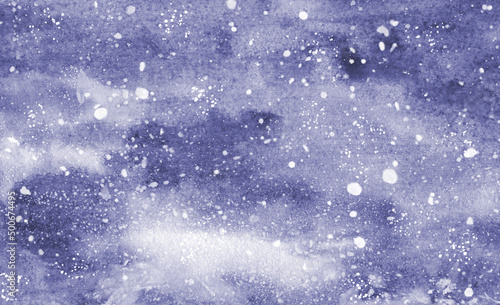 Blue-gray abstract watercolor background with white splashes that look like flying snow. Calm winter texture.