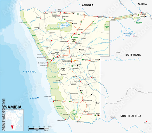 Detailed vector roads and national park map of Namibia