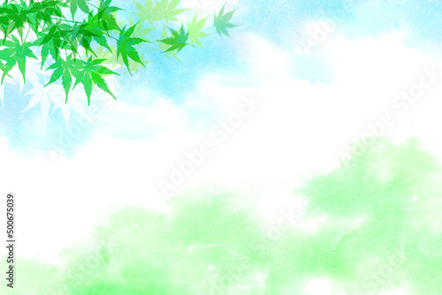 風に舞い上がる若葉 カエデ（水彩タッチの背景） © imagefuji