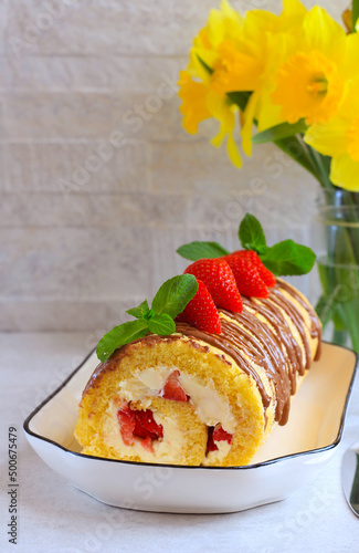 Homemade Swiss roll cake with cream