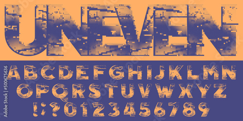 Uneven alphabet font. Sloppy halftone letters, numbers and symbols. Stock vector typescript.