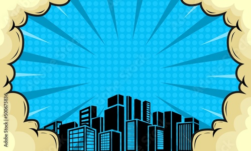 comic blue background with city silhouette 