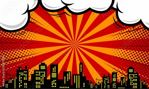 Comic cartoon with city silhouette and cloud