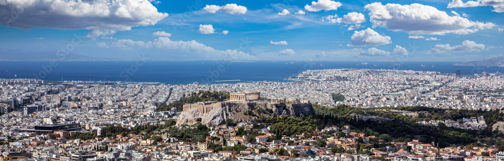 Athens, Greece. Acropolis and Parthenon temple. Ancient ruins and cityscape, panorama aerial view