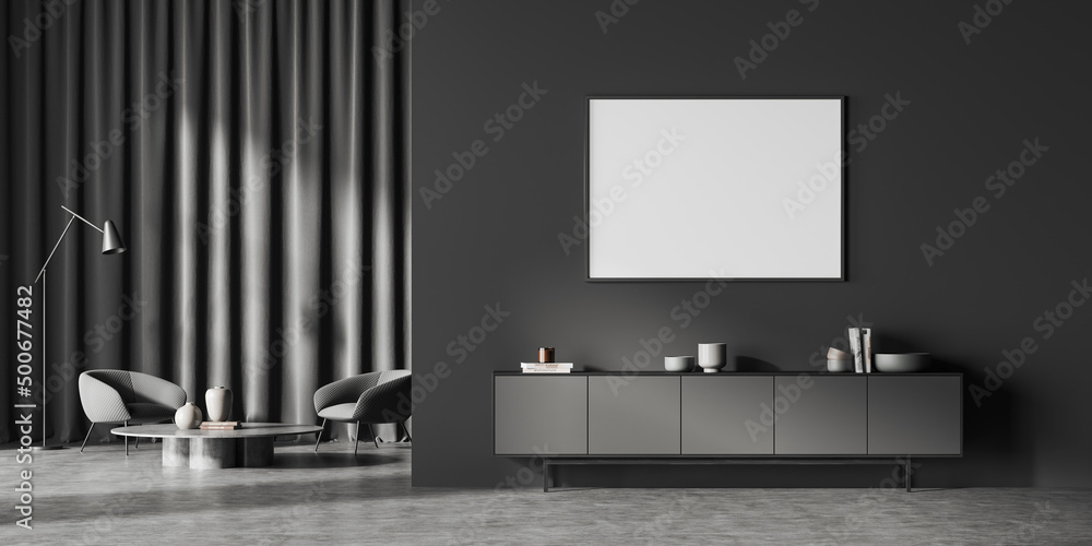 Lounge room interior with two seats and coffee table. Dresser and mockup frame Lounge room interior with two seats and coffee table. Dresser and mockup frame