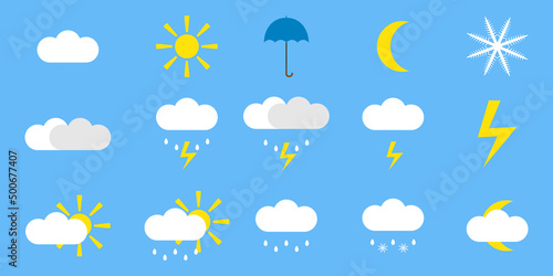 Weather icons isolated on blue background. Simple cartoon clip arts of forecast. Minimalistic flat vector illustration