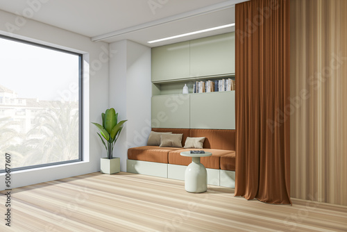 Corner view on brown living room interior with panoramic window
