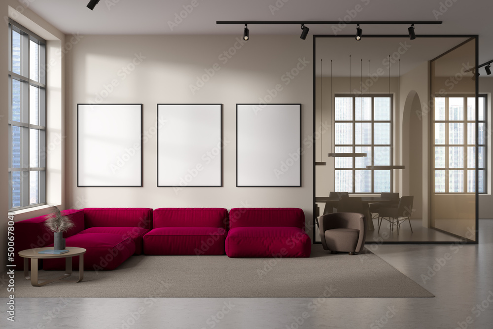 Fototapeta premium Front view on bright office interior with three white posters