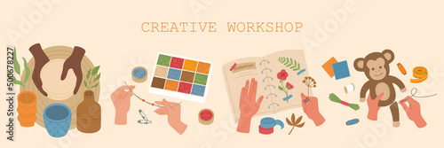 Set of various types handmade crafts for kids. Pottery, embroidery, sewing, making a herbarium. Colorful vector illustration isolated on light background. Hand drawn in modern flat cartoon style.