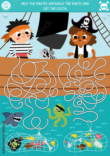 Pirate maze for kids with ship, sea and kid sailors. Treasure hunt preschool printable activity. Sea adventures labyrinth game or puzzle. Help the pirates untangle the knots and get the catch.