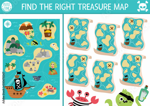 Find the right treasure map. Treasure island matching activity for children. Sea adventures educational quiz worksheet for kids for attention skills. Simple printable game with cute plans.