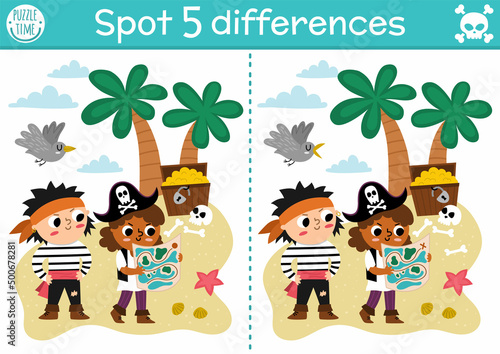 Find differences game for children. Sea adventures educational activity with cute pirates and treasure island. Puzzle for kids with funny characters. Marine printable worksheet or page.