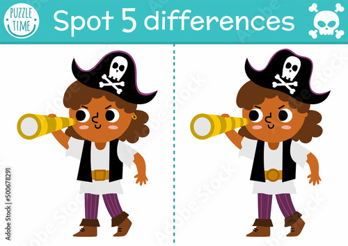 Find differences game for children. Sea adventures educational activity with cute pirate girl with telescope. Puzzle for kids with funny character. Marine printable worksheet or page.