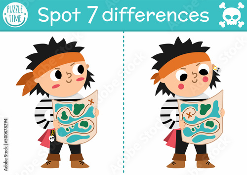 Find differences game for children. Sea adventures educational activity with cute pirate boy with map. Puzzle for kids with funny character. Marine printable worksheet or page.