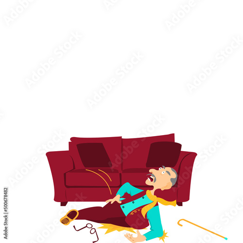 Old man falling accident in living room. Elderly man dropping from sofa (settee,also couch) on white background. Vector isolate flat cartoon characters design concept for Healthcare and social support