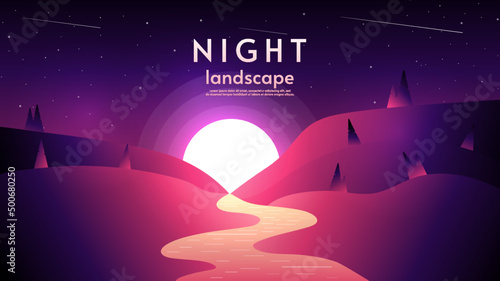 Sunset or sunrise with hills. Vector illustration with beautiful background, nature landscape in flat style. Night view. Cartoon style illustration. Design for poster, wallpaper, touristic card.