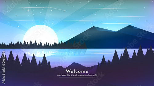 Vector abstract morning landscape. Flat style. Mountains with river and hills with forest. Beautiful sunset or sunrise. Design for wallpaper, banner, touristic card.