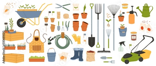 Stampa su tela Farmer and gardening tools, agriculture farming equipment, vector icons