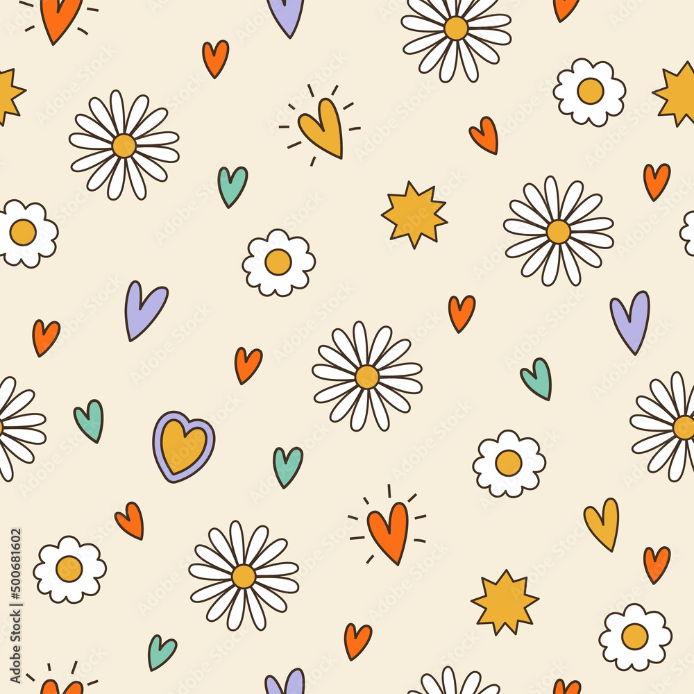 Seamless groovy pattern with vintage daisy, camomile, heart elements