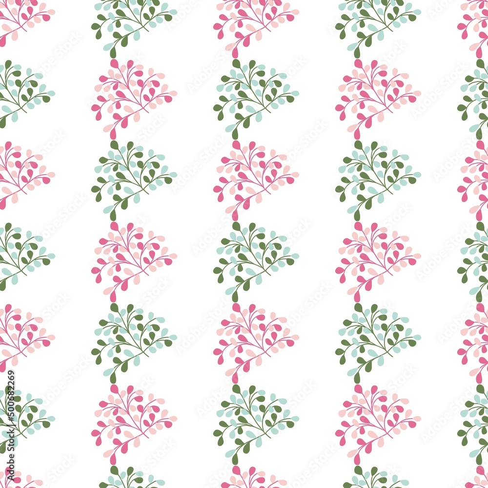 Abstract Pink and Green Leaves Plant Vector Graphic Seamless Pattern