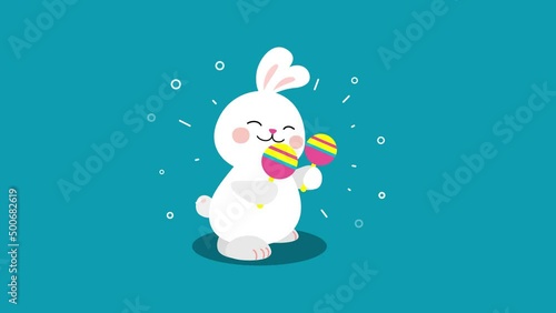 Funny, children's animation with a dancing rabbit. Joyful, cute character plays a musical instrument. Looped, dynamic banner for holidays, congratulations. Seamless looping. Sticker for social network