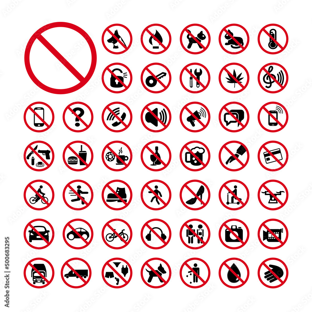 Red prohibition signs set. Forbidden signs vector collection, Red prohibition signs set. Forbidden signs vector collection,