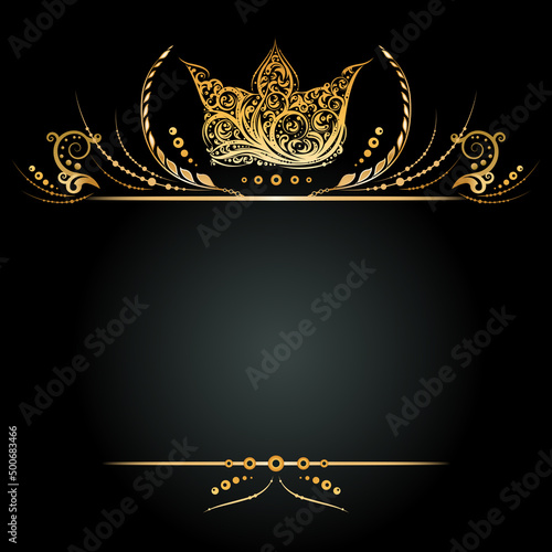 Vintage golden banner or greeting card with royal crown, laurel wreath and floral elements on black background. Vector frame for graphic design, label, badge. Empty space for text.
