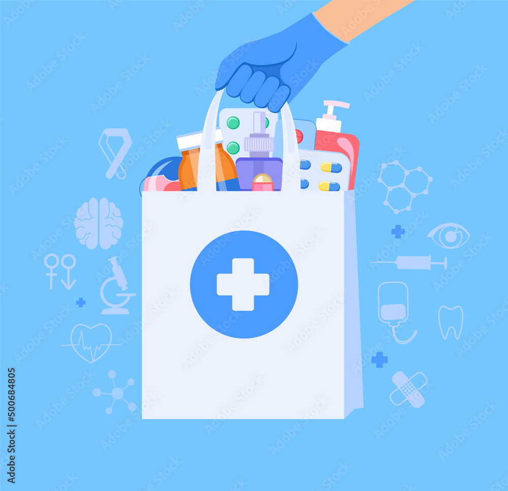 Bag with pills,bottles,antibiotics.Online order of medicines.Online pharmacy with home delivery service-drugs, prescription medicines order.Vector illustration for web,banners,flyers.