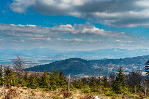 View to Pilsko and Babia Gora from Trzy Kopce hill in Beskid Slaski mountains in Poland