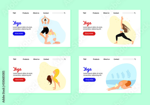 set of templates for the landing page of a yoga or pilates website. The concept of a healthy lifestyle and body balance. Women do yoga and own the body. Vector cartoon illustration for business