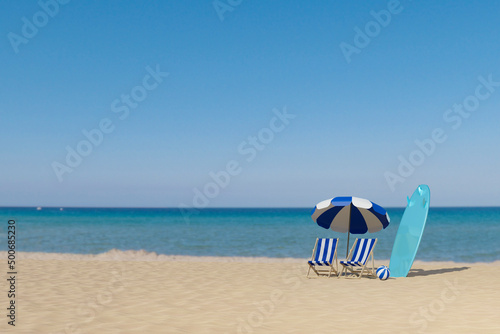 3d Summer sea beach scene canvas bed and umbrella rendering