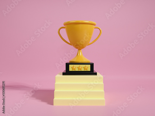 3d staircase business step to success. trophy winner cup on stair. business competition success concept. 3d render illustrator.