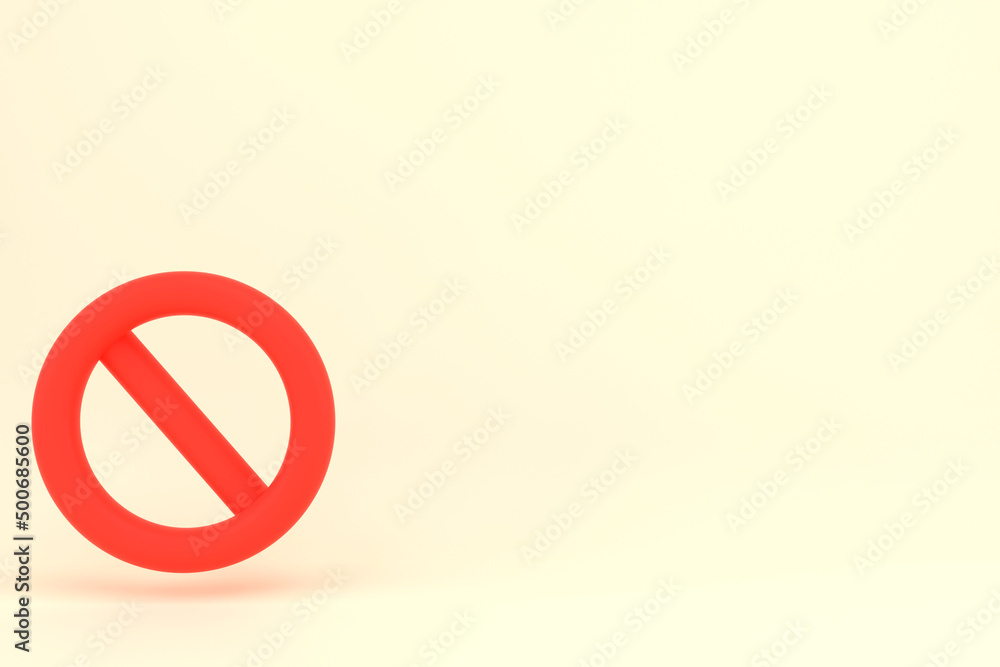 Forbidden red sign with copy space on pastel background. 3d Illustration.