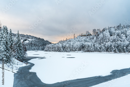 Jezioro Czernianskie dam in winter Beskid Slaski mountains in Poland photo