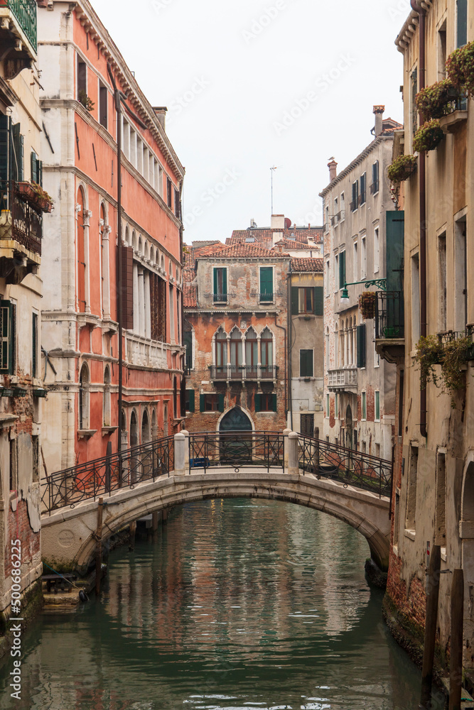 Venice, view of a canal, old gothic buildings, 