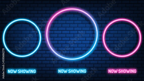 Neon Cinema mockup sign. glowing color neon square. shining led or halogen lamps frame banners. on brick wall vector set.