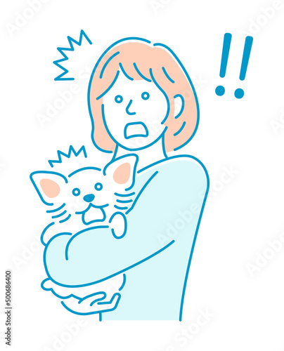 Illustration of a woman holding a dog | suprised, shocked