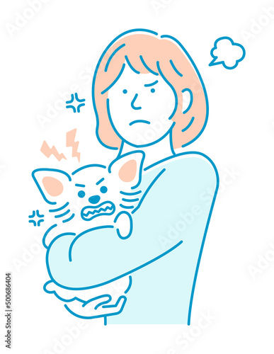 Illustration of a woman holding a dog | angry, frustrated