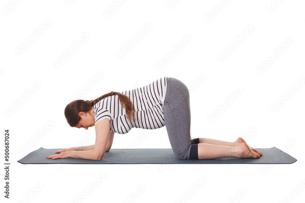 Pregnancy yoga exercise - pregnant woman doing asana Balasana - child pose isolated on white background Pregnancy yoga exercise - pregnant woman doing asana Balasana - child pose isolated on white background