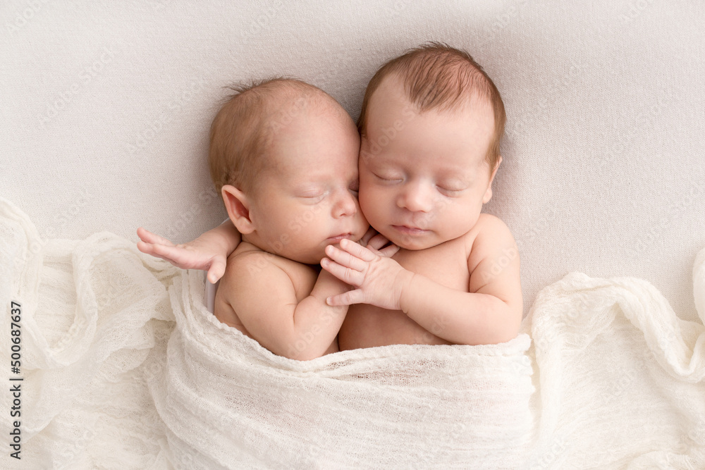 Tiny newborn twins boys in white cocoons on a white background. A newborn twin sleeps next to his brother. Newborn two twins boys hugging each other.Professional studio photography Tiny newborn twins boys in white cocoons on a white background. A newborn twin sleeps next to his brother. Newborn two twins boys hugging each other.Professional studio photography