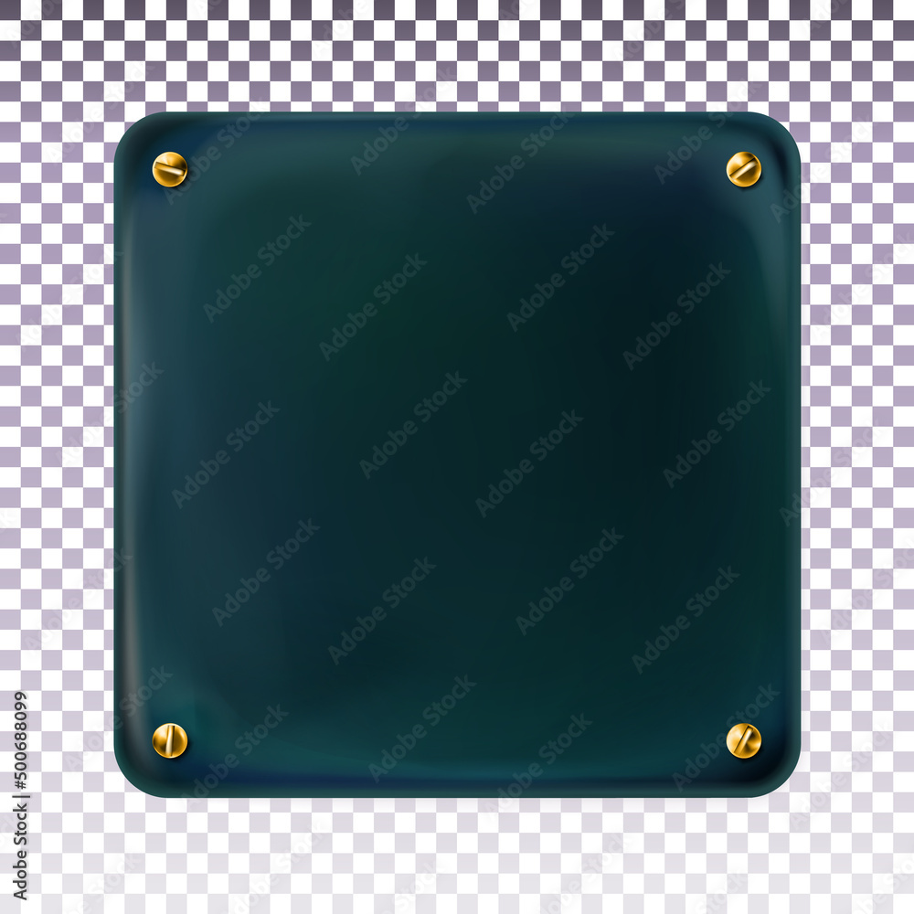 Obraz premium Black square painted plate with gold screws isolated on white background. Style for graphic and web design, label, template. Vector illustration