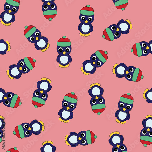 Colorful Seamless Pattern with Christmas Penguin in a Hat. Digital Paper with Penguin on Pink background.