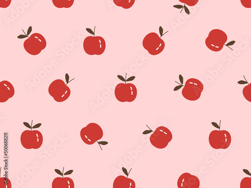 Seamless pattern with red apple with green leaves on pink background vector illustration. Cute fruit print.