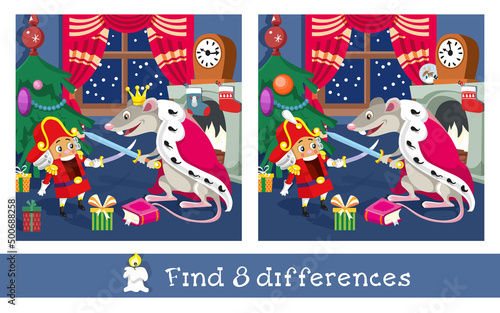 Find 8 differences. Game for children. Nutcracker and Mouse King at Christmas night. Cartoon character. Vector illustration.