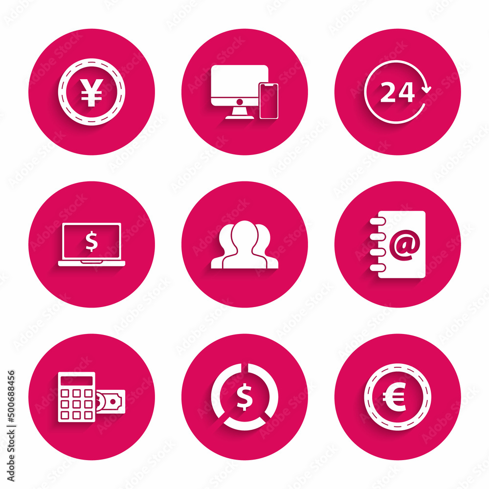 Set Users group, Coin money with dollar symbol, euro, Address book, Calculator, Laptop, Clock 24 hours and Yen icon. Vector Set Users group, Coin money with dollar symbol, euro, Address book, Calculator, Laptop, Clock 24 hours and Yen icon. Vector