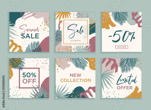 Set of square editable social media post template banners. Designs with abstract spots and tropical leaves.