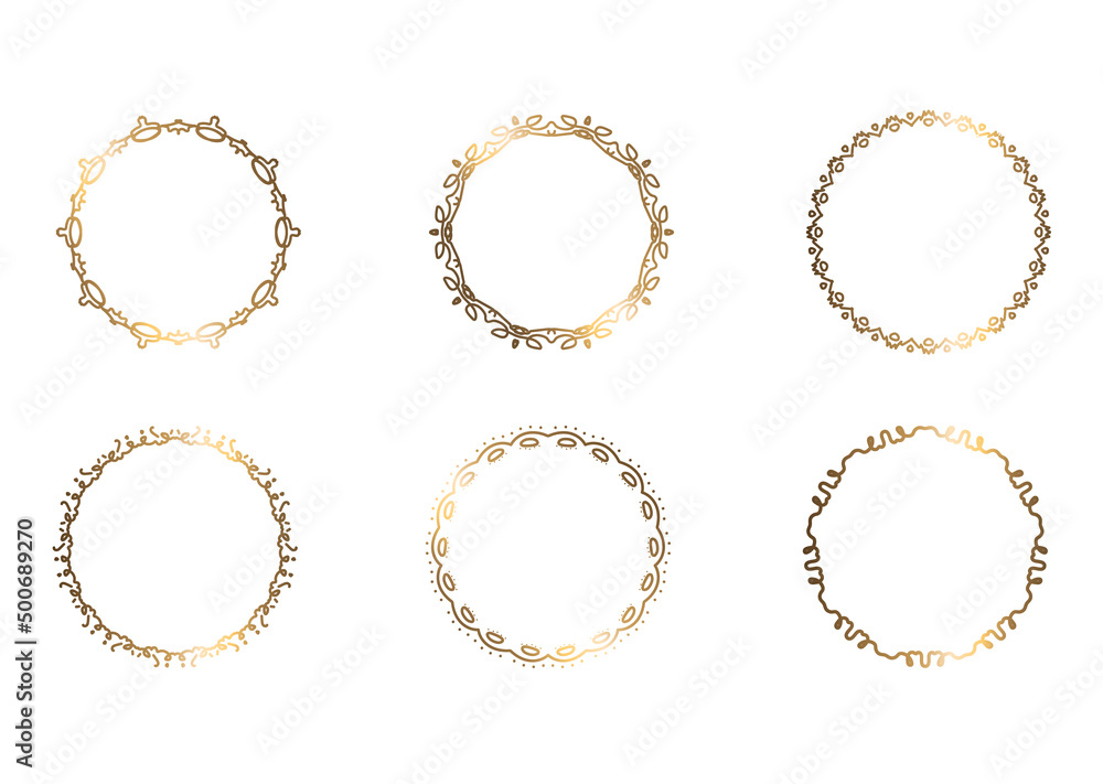 Set of golden round frames. Openwork abstract ornament. Geometric set with gold pattern. Vector illustration. White background. Set of golden round frames. Openwork abstract ornament. Geometric set with gold pattern. Vector illustration. White background.