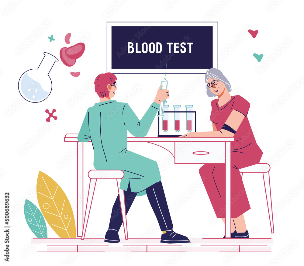 Blood test banner with doctor taking blood sample for analysis, flat vector illustration isolated on white background. A doctor and an elderly patient perform a blood test. Medical early diagnosis.