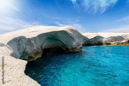 View to the lunar rock formations of the famous Sarakiniko beach on the cycladic island of Milos, Greece, with turquoise sea and no people photo